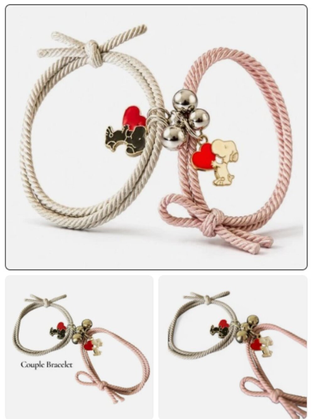 (Set of2) Beagle Dog Couple Adjustable Braided Friendship Bracelet Pendant Charm